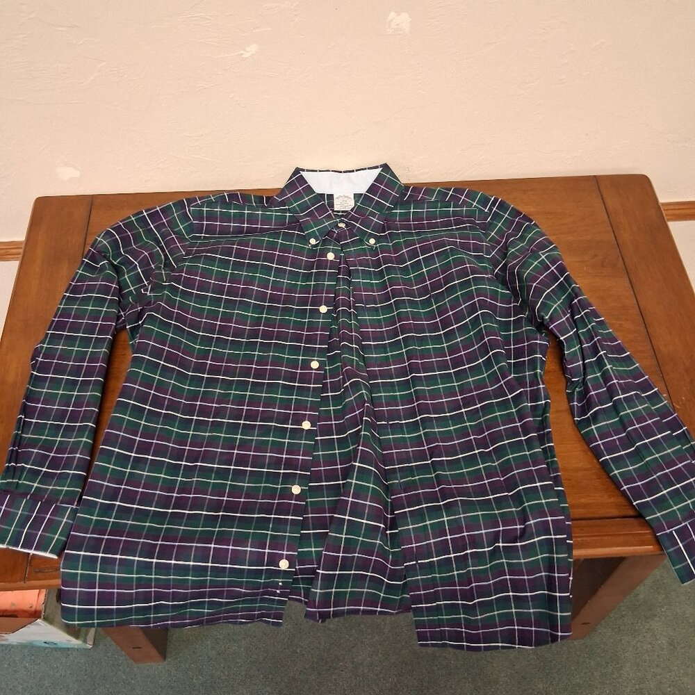 Brooks Brothers Button Down, Green/Purple Plaid, XL